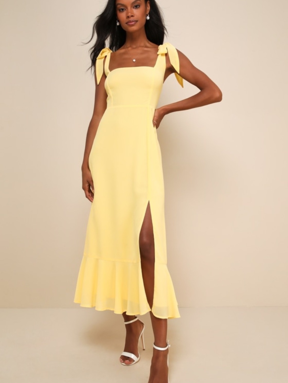Lulus Summer Invite Yellow Tie-strap Tiered Midi Dress - Size M